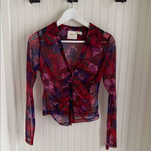 Maeve by Anthropologie Sheer Ruched Buttondown Blouse - Picture 2 of 6